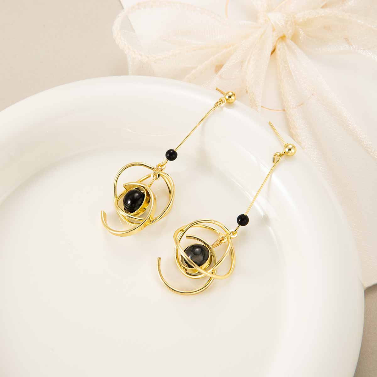 Obsidian Planetary Orbit Dark-style Earrings Niche Studs with Long Pendants (TE21)