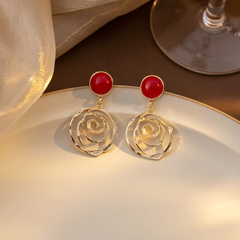 Burgundy Hollow Round Earrings - Niche Versatile Irregular Flower Color-block Earrings (TE23)