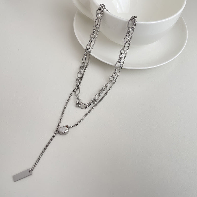 Niche INS-Style Acacia Bean Pendant Titanium Steel Square Tag Double-Layer Necklace (TX11)