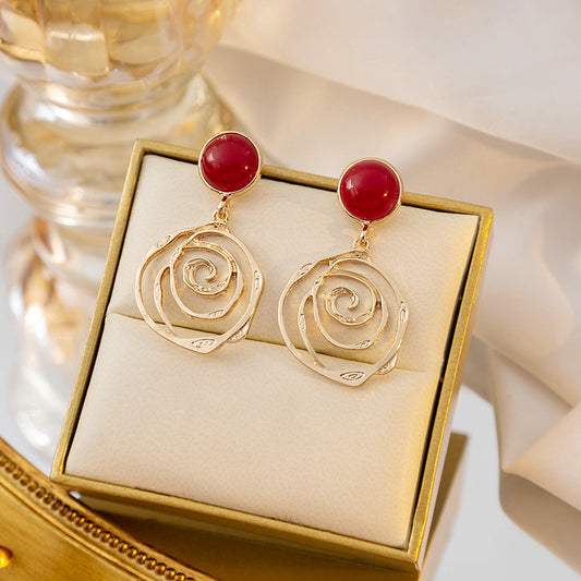 Burgundy Hollow Round Earrings - Niche Versatile Irregular Flower Color-block Earrings (TE23)