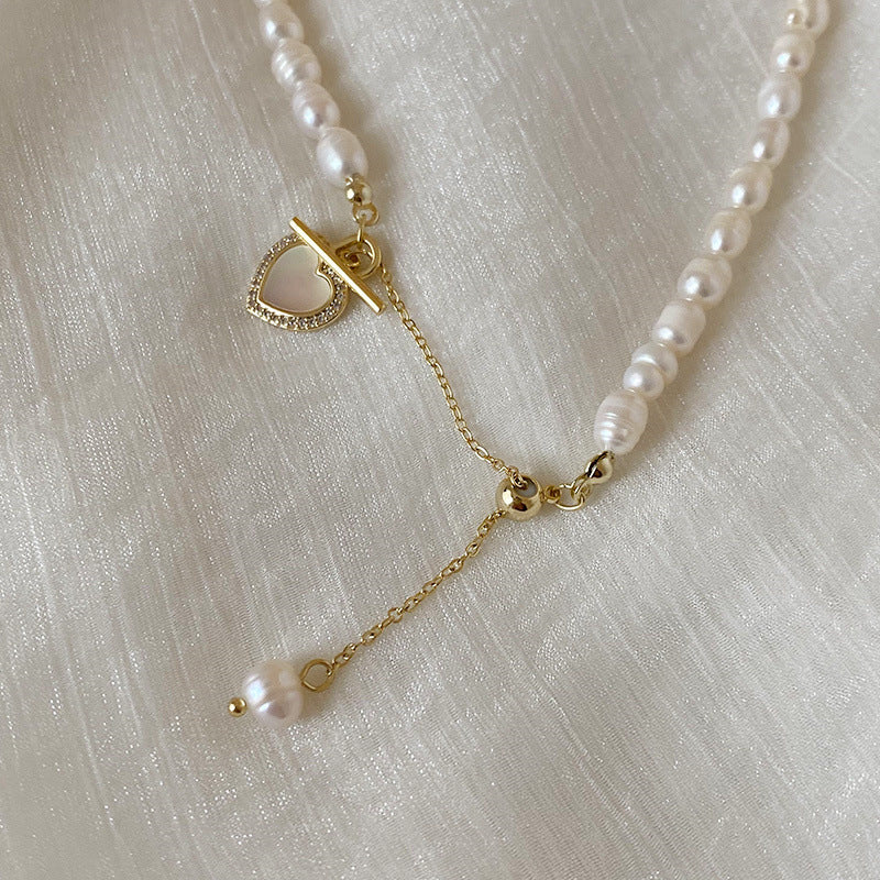 French Gentle Natural Pearl Heart Shell Necklace (TX10)