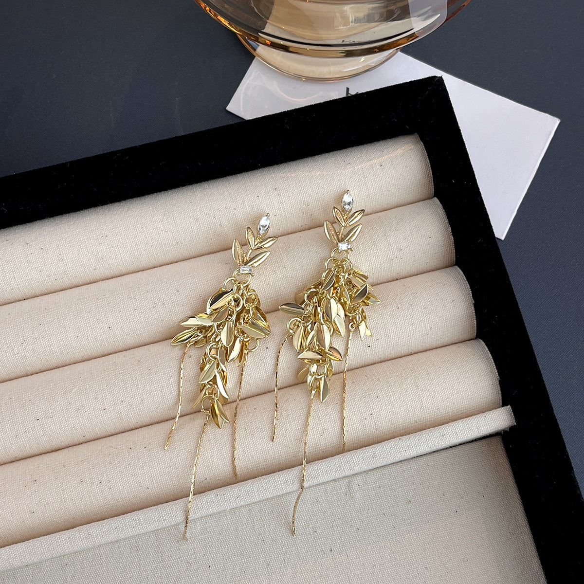 Long Tassel Studs Retro Metallic Wheat Ear & Leaf Drop Earrings (TE22)