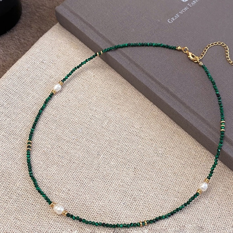 Malachite & Rice Pearl Beaded Necklace - Minimalist Vintage Emerald Zircon Pendant Double-Layer Layered Necklace (TX08)
