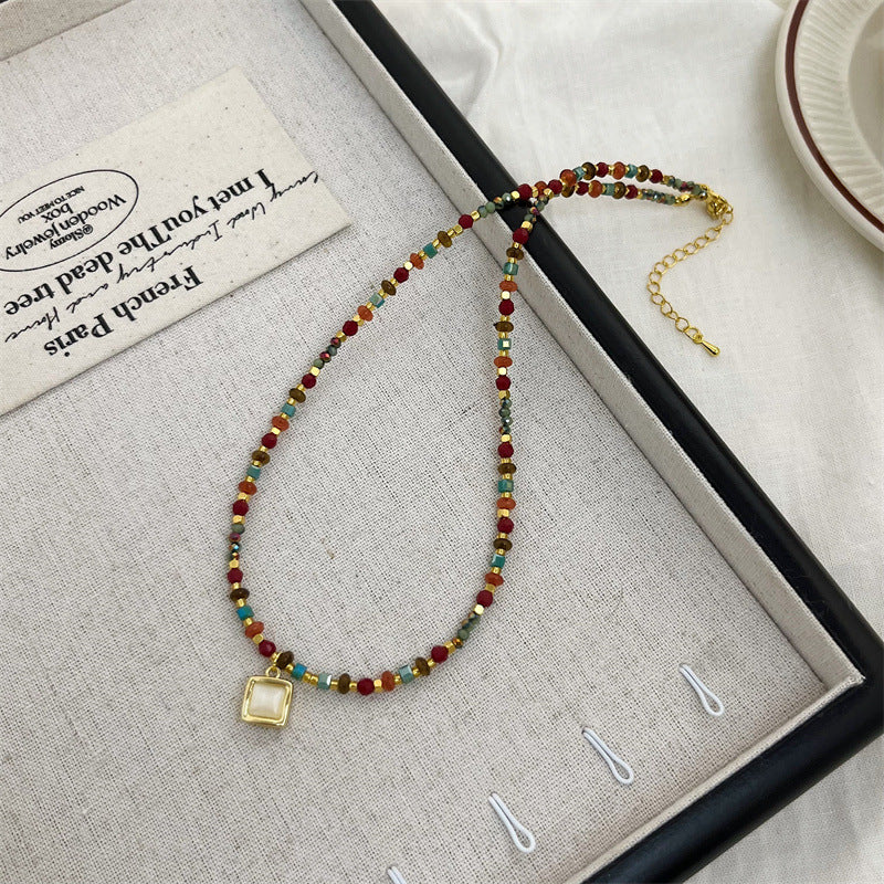 Maillard Collection Crystal Cat's Eye Stone Pendant Necklace—Vintage, Luxe, Dainty & Versatile Sweater Chain (TX07)