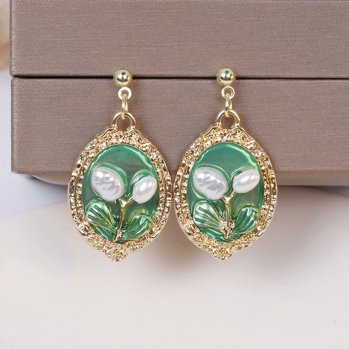 Mid-Century French Style Monet Garden Square Pearl Green Oil Painting Stud Earrings (TE06)