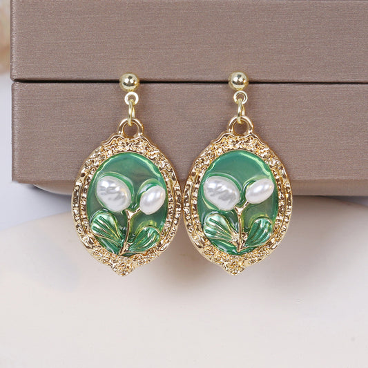 Mid-Century French Style Monet Garden Square Pearl Green Oil Painting Stud Earrings (TE06)
