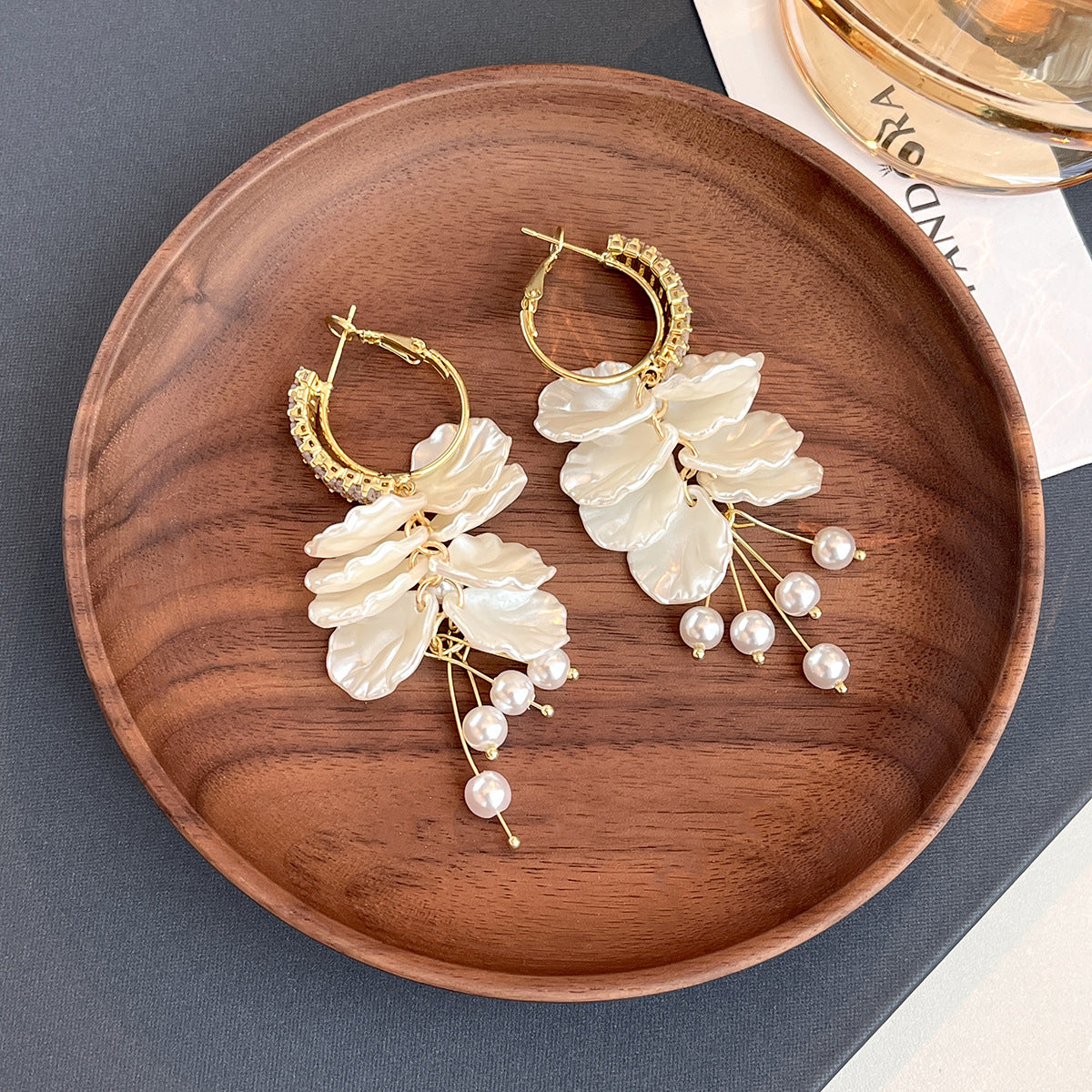 Luxury Resort Style Shell Petal Alloy Earrings (Silver Plated Needles) with Zircon Tassels & Pearl Accents (TE05)
