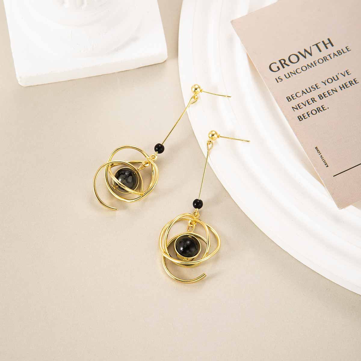 Obsidian Planetary Orbit Dark-style Earrings Niche Studs with Long Pendants (TE21)
