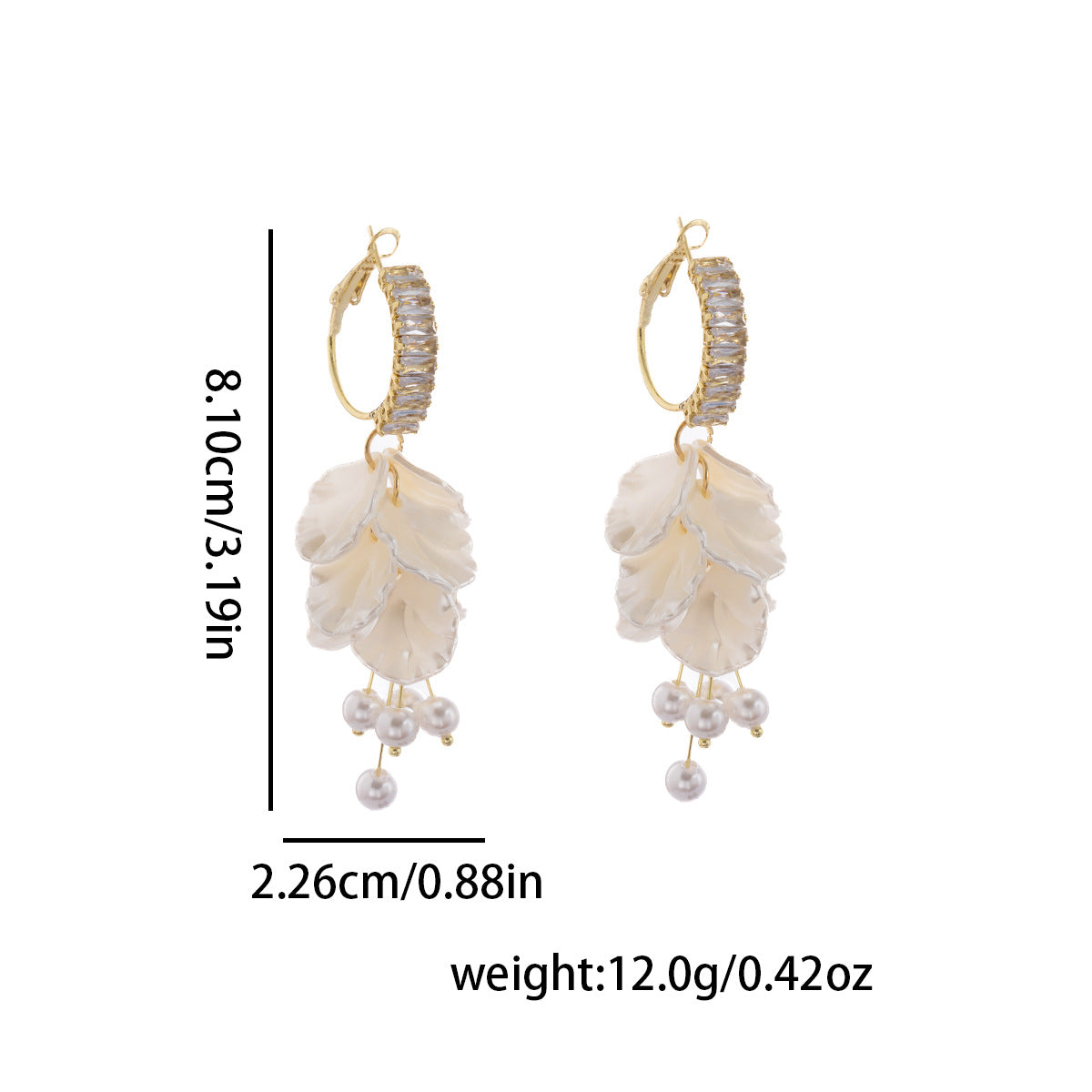 Luxury Resort Style Shell Petal Alloy Earrings (Silver Plated Needles) with Zircon Tassels & Pearl Accents (TE05)