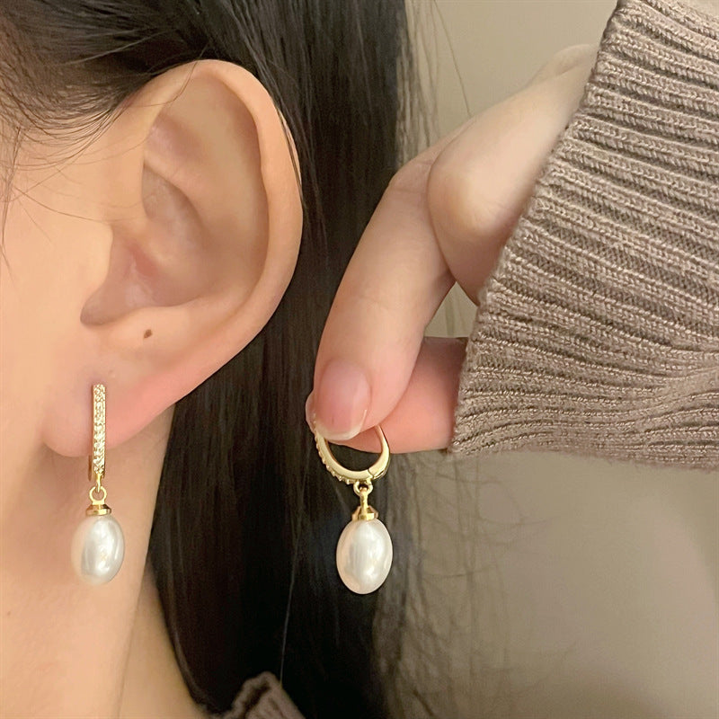 U-shaped Tassel Teardrop Pearl Pendant Earrings (TE34)