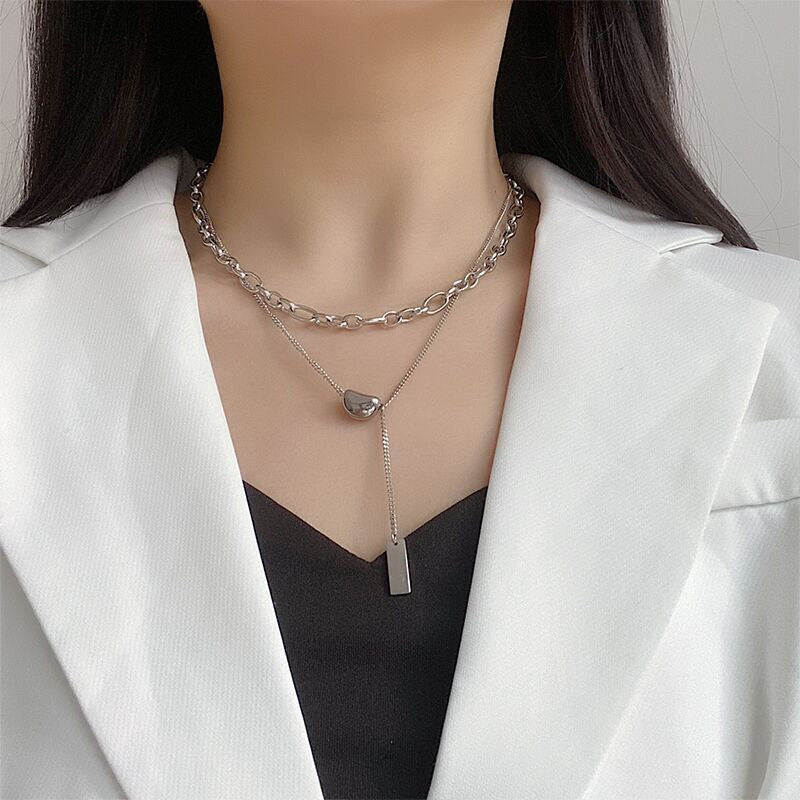 Niche INS-Style Acacia Bean Pendant Titanium Steel Square Tag Double-Layer Necklace (TX11)