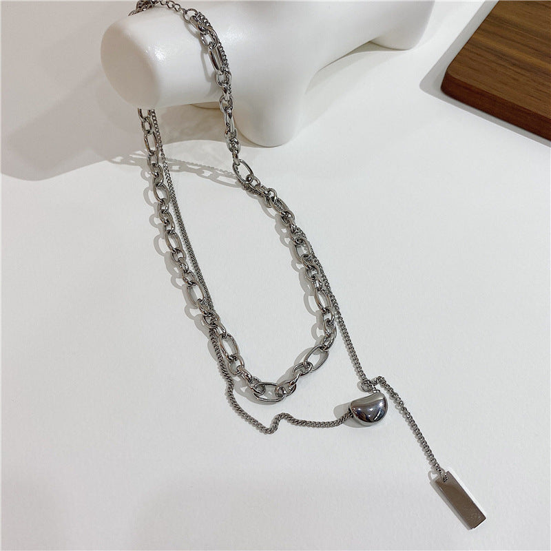 Niche INS-Style Acacia Bean Pendant Titanium Steel Square Tag Double-Layer Necklace (TX11)