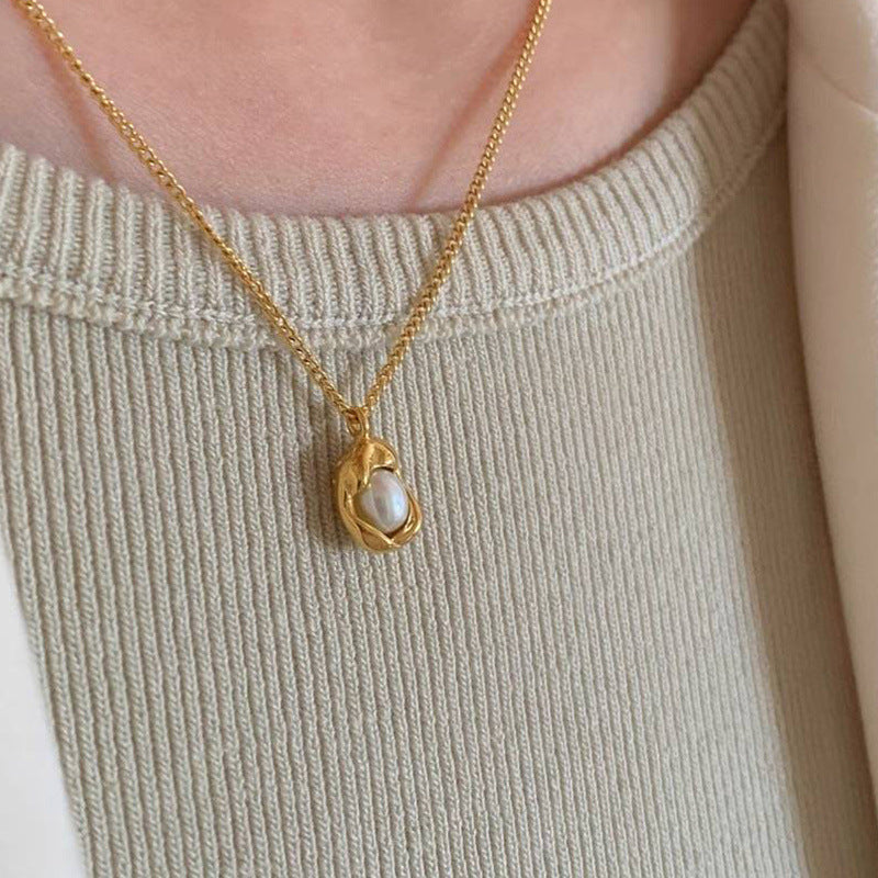 Minimalist Niche Minimalist Geometric Freshwater Pearl Pod Necklace - Collarbone Chain (TX01)