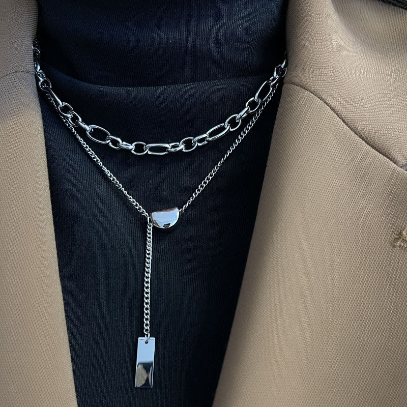 Niche INS-Style Acacia Bean Pendant Titanium Steel Square Tag Double-Layer Necklace (TX11)