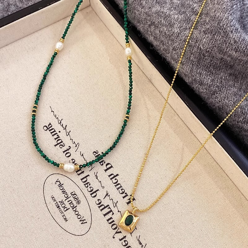 Malachite & Rice Pearl Beaded Necklace - Minimalist Vintage Emerald Zircon Pendant Double-Layer Layered Necklace (TX08)