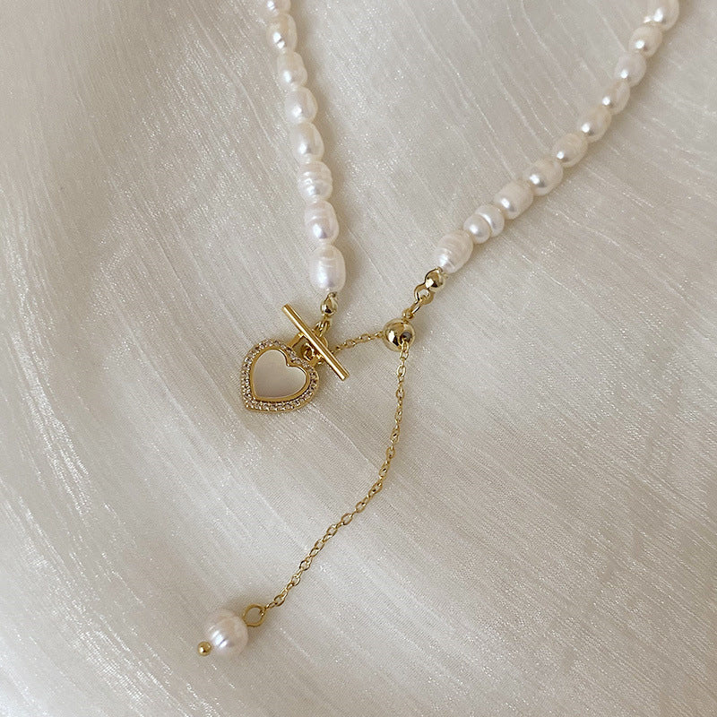 French Gentle Natural Pearl Heart Shell Necklace (TX10)