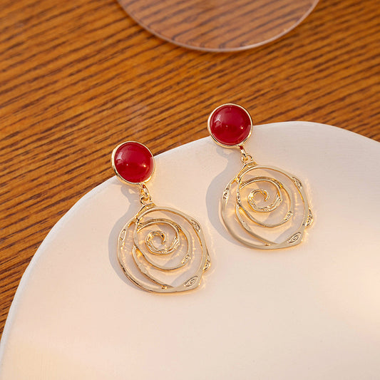 Burgundy Hollow Round Earrings - Niche Versatile Irregular Flower Color-block Earrings (TE23)