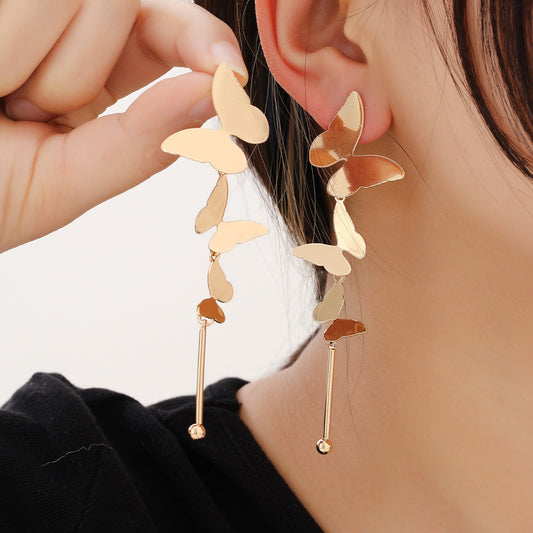 Minimalist Alloy Long Dainty Butterfly Drop Earrings with Silver Plated Needles (TE03)