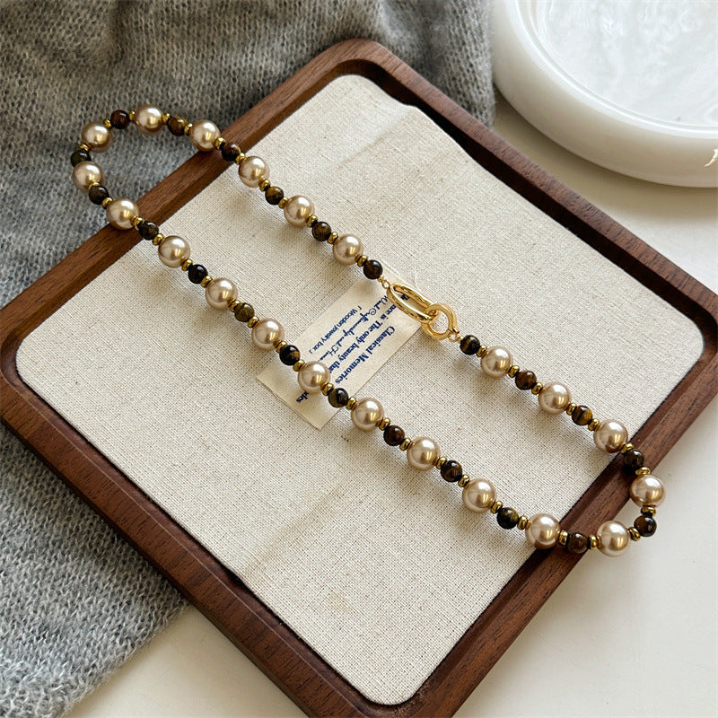 Niche Vintage Maillard Tiger's Eye Stone & Pearl Necklace (TX05)