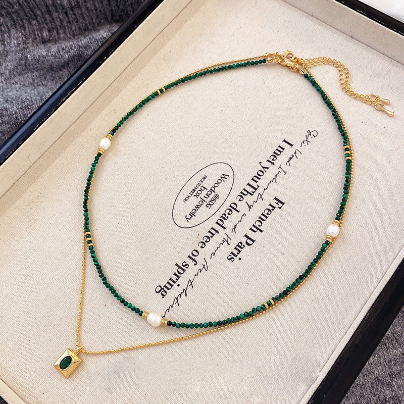 Malachite & Rice Pearl Beaded Necklace - Minimalist Vintage Emerald Zircon Pendant Double-Layer Layered Necklace (TX08)