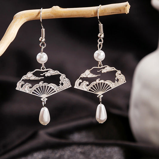 New Chinese Style Fan Alloy Earrings with Pearl Tassels (Silver Plated Needles) (TE07)
