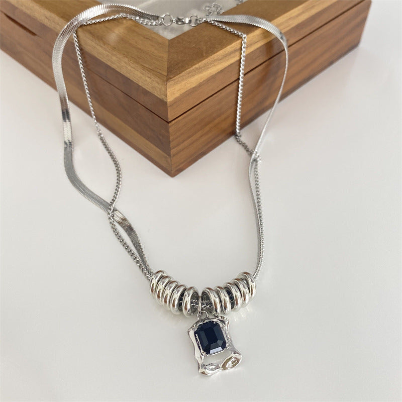 Hip-Hop Style Titanium Steel Zircon Double-Layer Necklace (TX06)