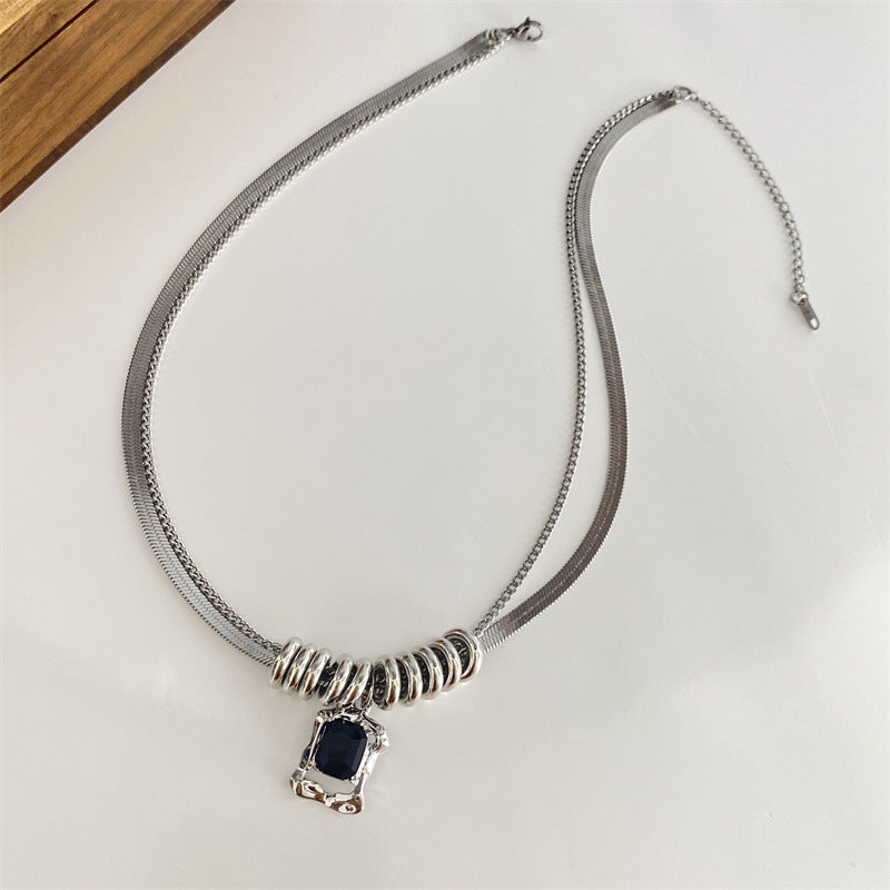 Hip-Hop Style Titanium Steel Zircon Double-Layer Necklace (TX06)