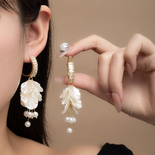 Luxury Resort Style Shell Petal Alloy Earrings (Silver Plated Needles) with Zircon Tassels & Pearl Accents (TE05)