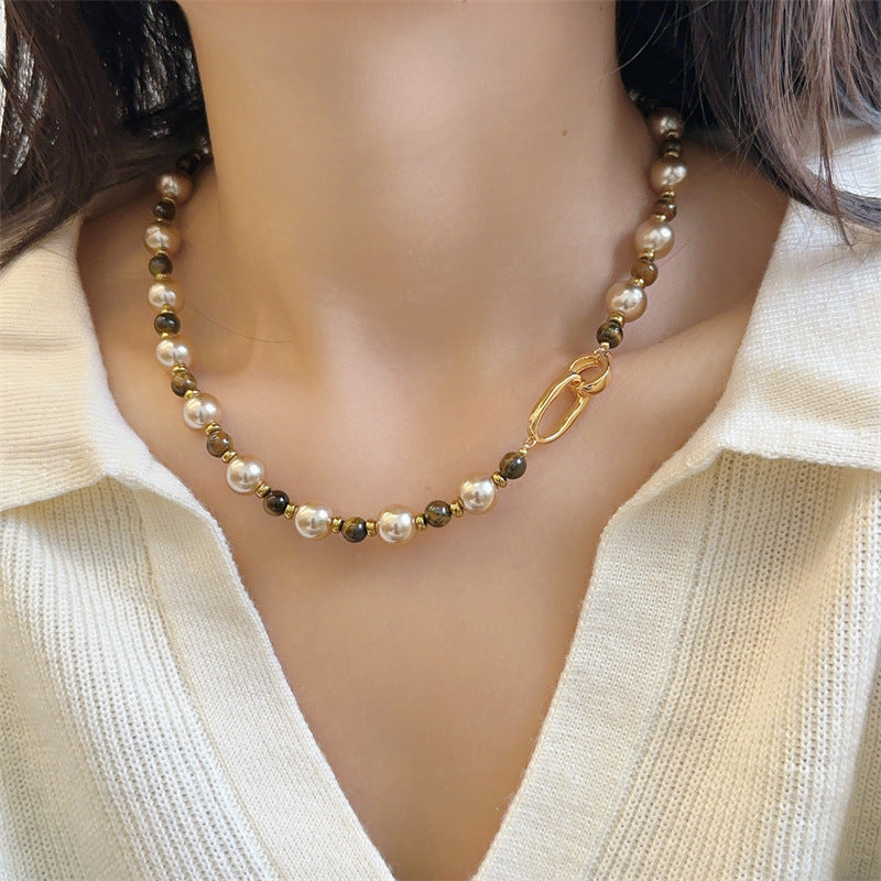 Niche Vintage Maillard Tiger's Eye Stone & Pearl Necklace (TX05)