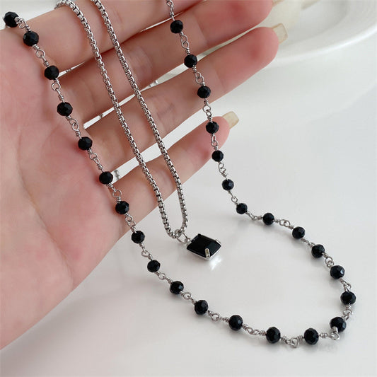 Double-Layer Black Bead & Black Gemstone Layered Necklace - Minimalist Niche Titanium Steel Collarbone Chain (TX04)