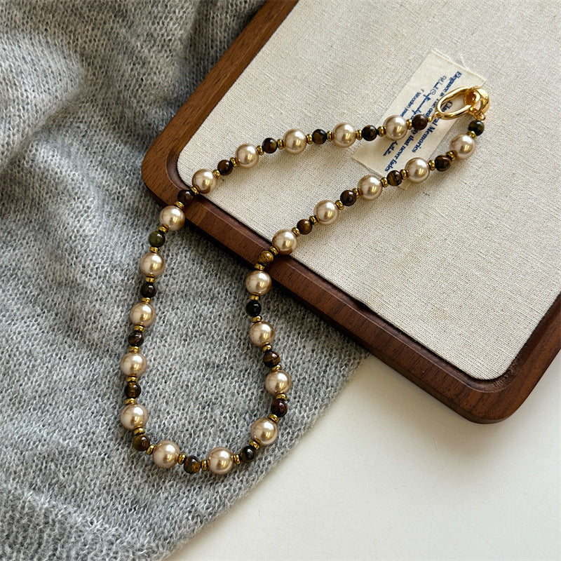 Niche Vintage Maillard Tiger's Eye Stone & Pearl Necklace (TX05)