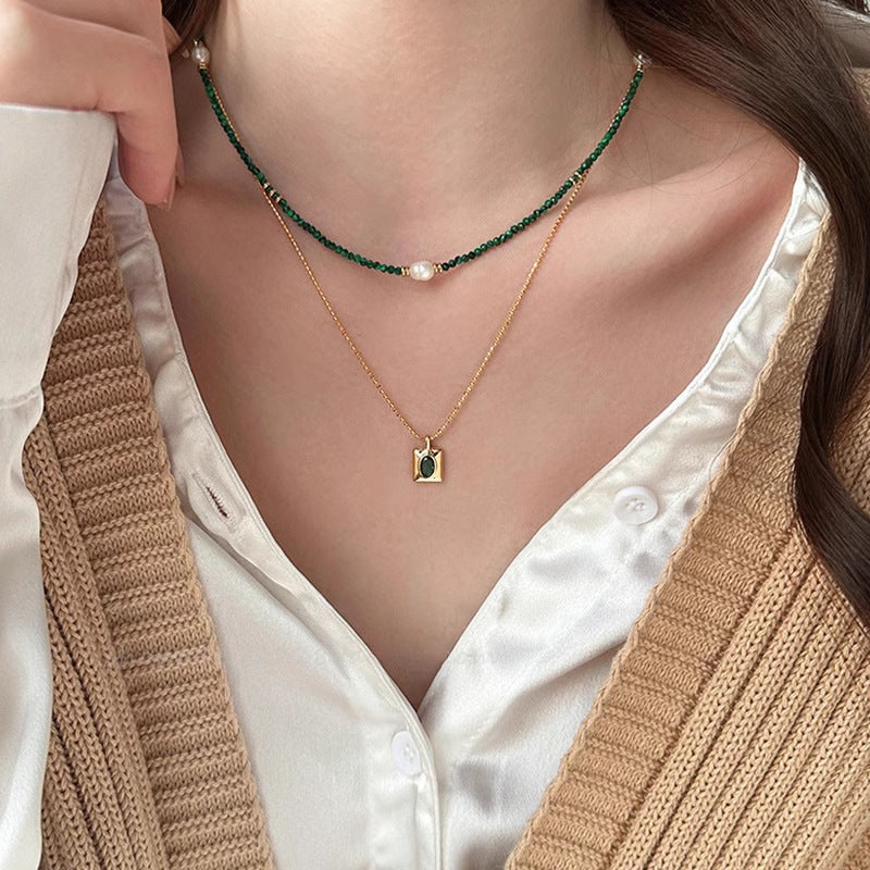 Malachite & Rice Pearl Beaded Necklace - Minimalist Vintage Emerald Zircon Pendant Double-Layer Layered Necklace (TX08)