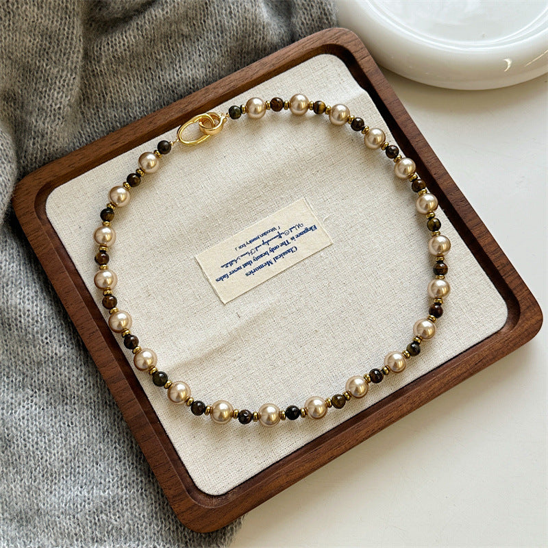 Niche Vintage Maillard Tiger's Eye Stone & Pearl Necklace (TX05)