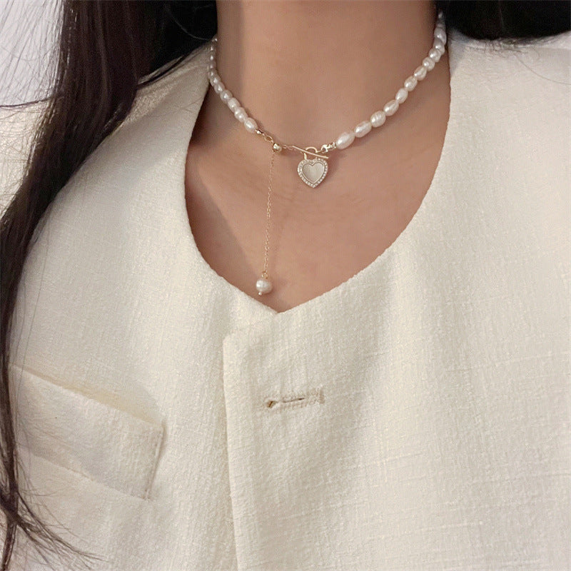 French Gentle Natural Pearl Heart Shell Necklace (TX10)