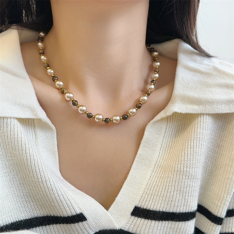 Niche Vintage Maillard Tiger's Eye Stone & Pearl Necklace (TX05)