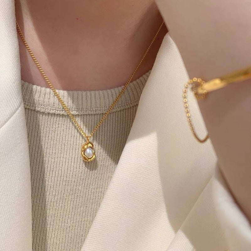 Minimalist Niche Minimalist Geometric Freshwater Pearl Pod Necklace - Collarbone Chain (TX01)
