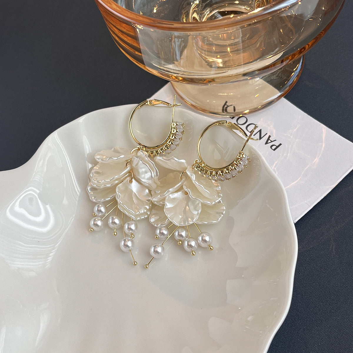 Luxury Resort Style Shell Petal Alloy Earrings (Silver Plated Needles) with Zircon Tassels & Pearl Accents (TE05)