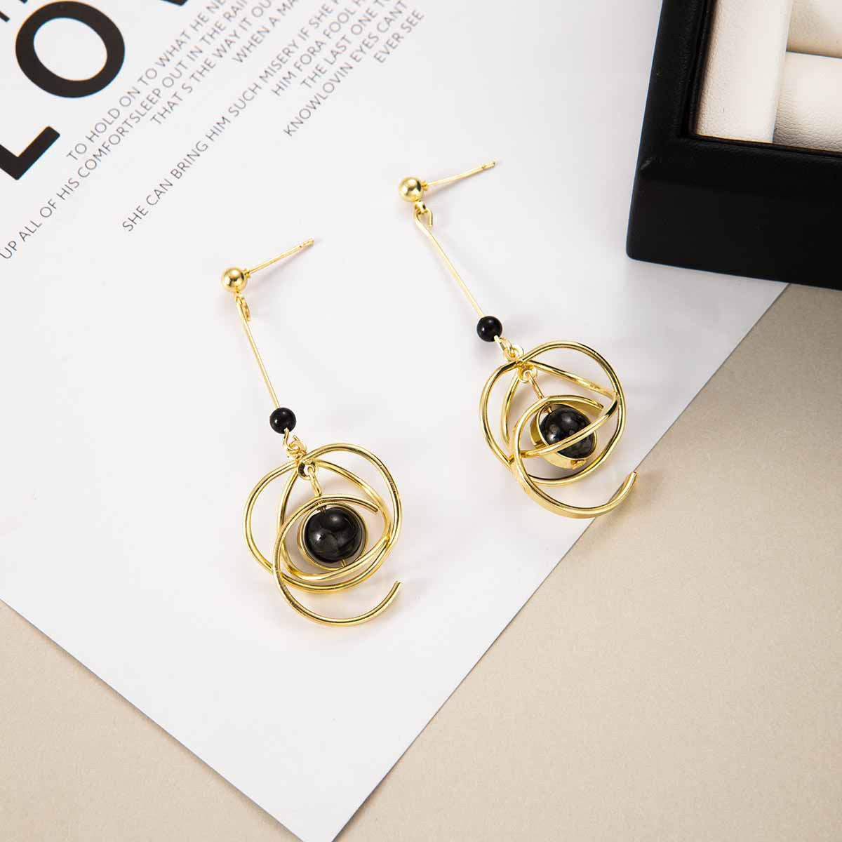 Obsidian Planetary Orbit Dark-style Earrings Niche Studs with Long Pendants (TE21)