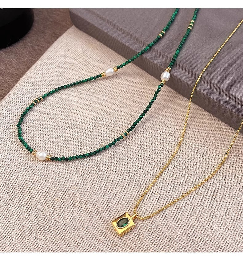 Malachite & Rice Pearl Beaded Necklace - Minimalist Vintage Emerald Zircon Pendant Double-Layer Layered Necklace (TX08)