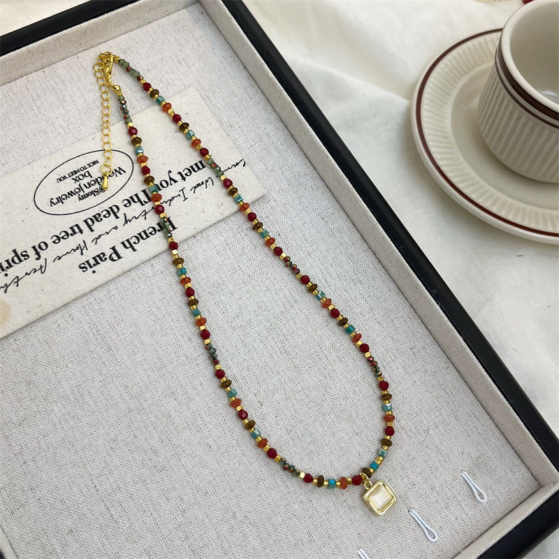Maillard Collection Crystal Cat's Eye Stone Pendant Necklace—Vintage, Luxe, Dainty & Versatile Sweater Chain (TX07)