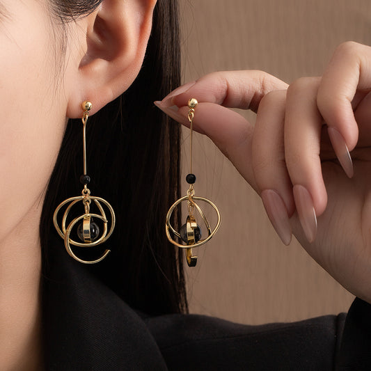 Obsidian Planetary Orbit Dark-style Earrings Niche Studs with Long Pendants (TE21)
