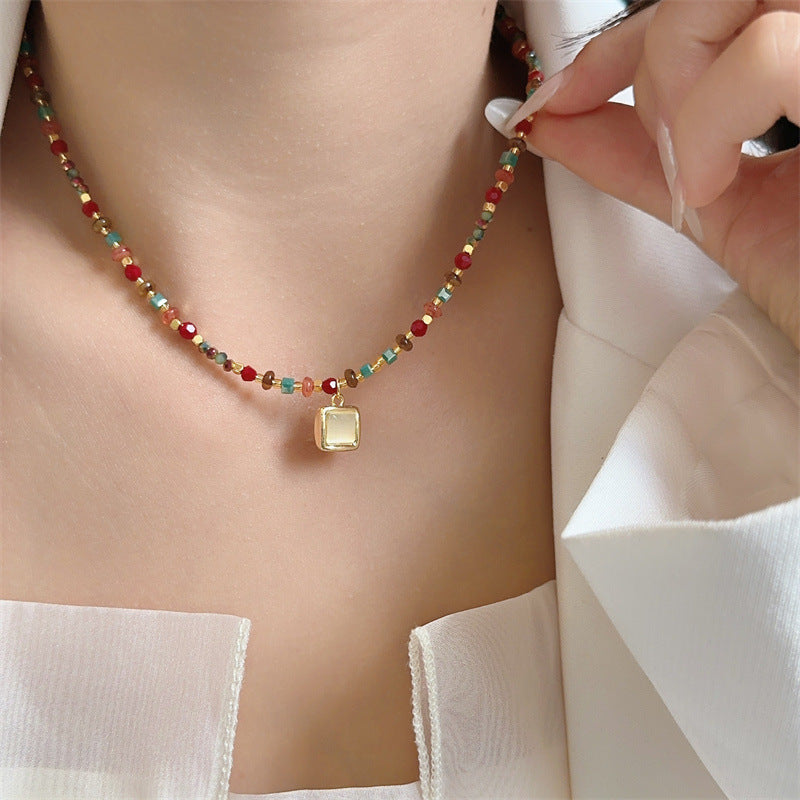 Maillard Collection Crystal Cat's Eye Stone Pendant Necklace—Vintage, Luxe, Dainty & Versatile Sweater Chain (TX07)