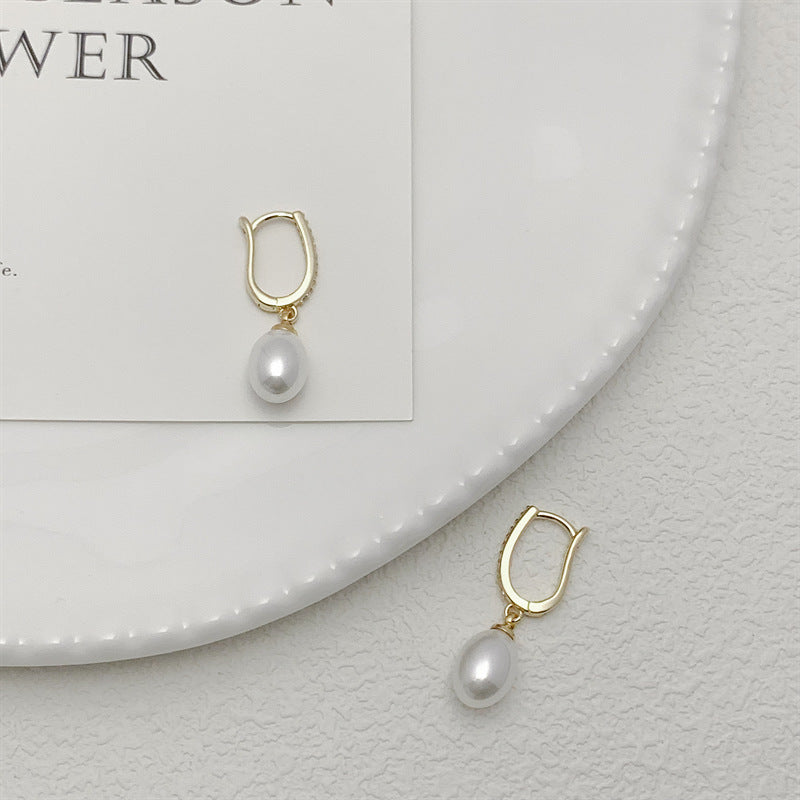 U-shaped Tassel Teardrop Pearl Pendant Earrings (TE34)