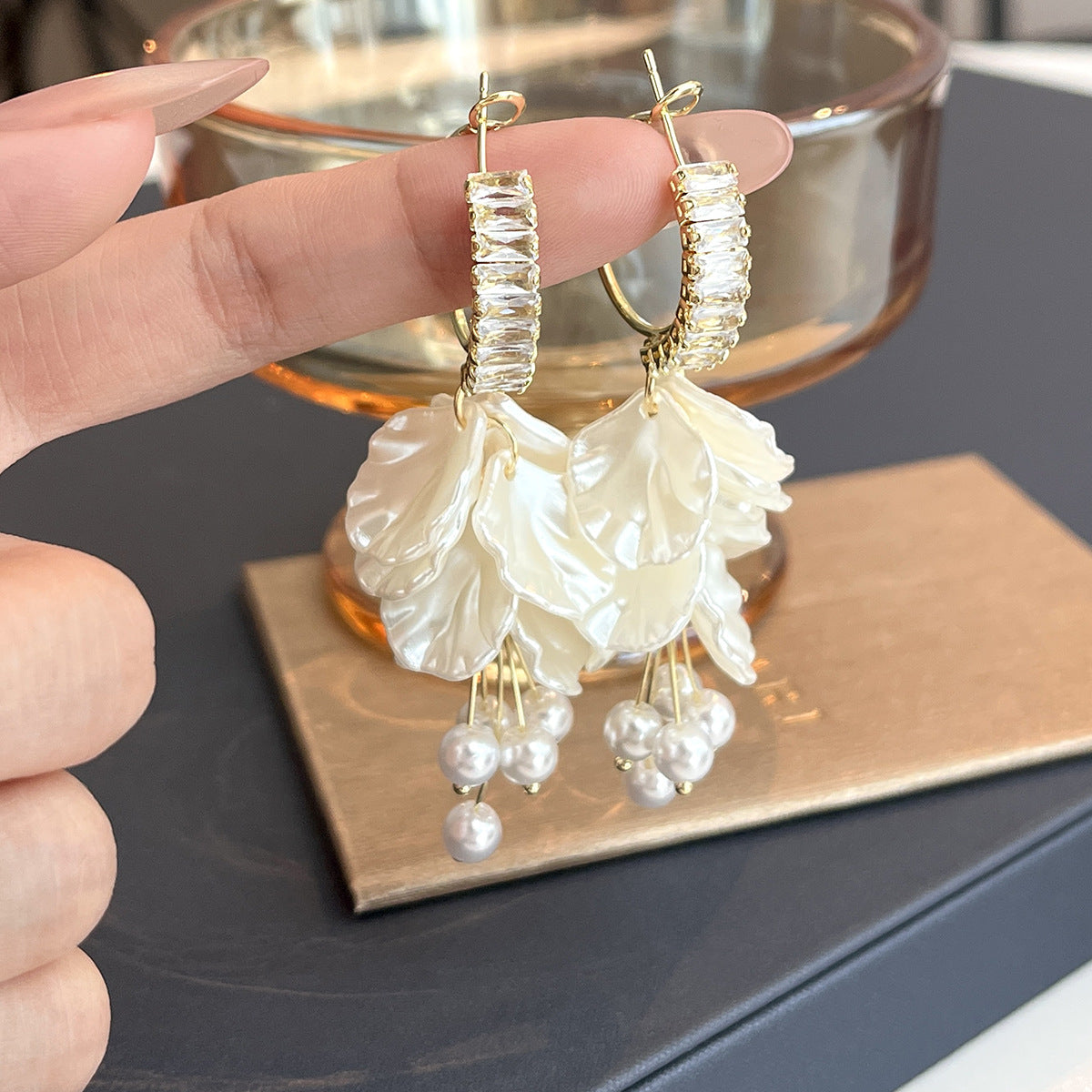 Luxury Resort Style Shell Petal Alloy Earrings (Silver Plated Needles) with Zircon Tassels & Pearl Accents (TE05)