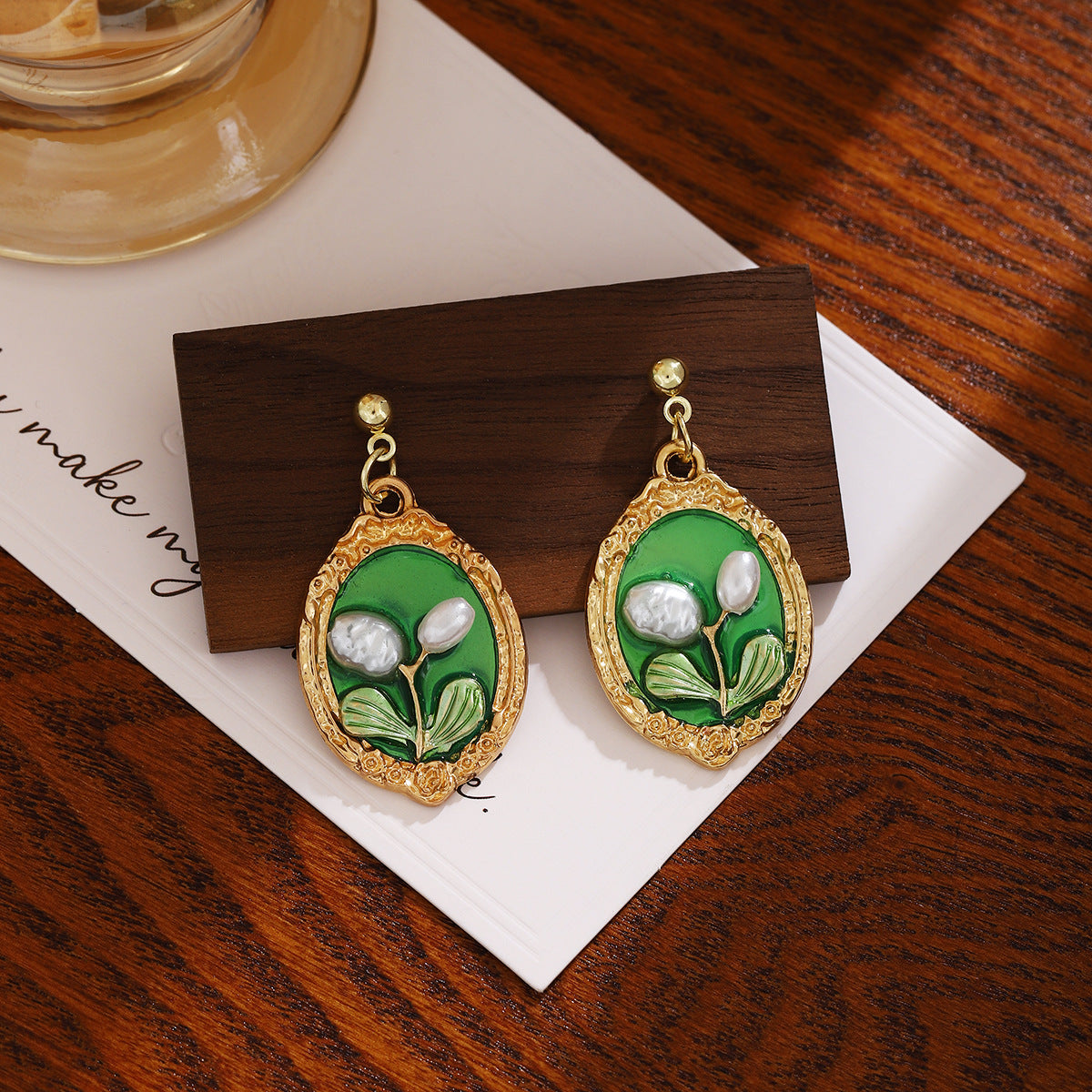 Mid-Century French Style Monet Garden Square Pearl Green Oil Painting Stud Earrings (TE06)