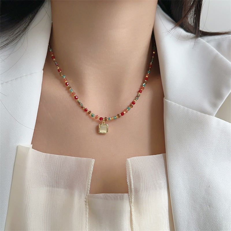 Maillard Collection Crystal Cat's Eye Stone Pendant Necklace—Vintage, Luxe, Dainty & Versatile Sweater Chain (TX07)