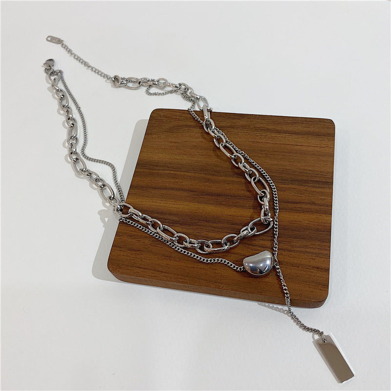 Niche INS-Style Acacia Bean Pendant Titanium Steel Square Tag Double-Layer Necklace (TX11)